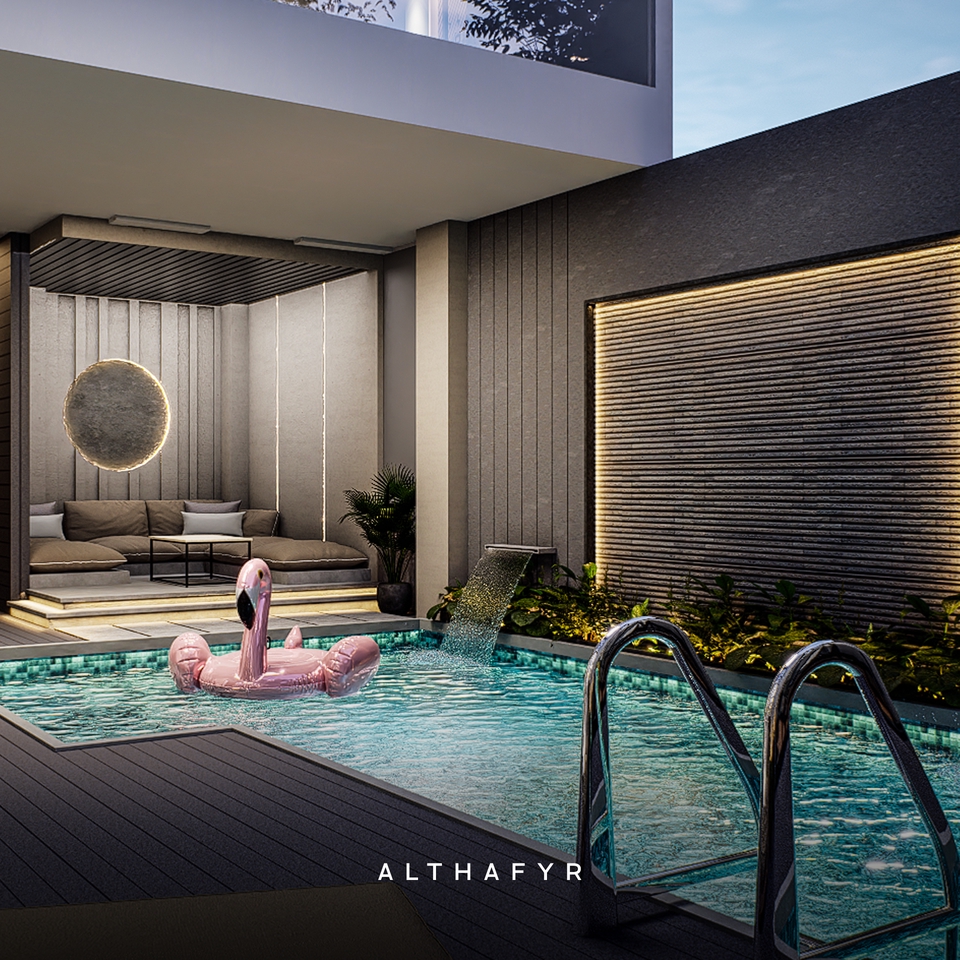 Jasa desain exterior 3D dengan render untuk rumah minimalis modern.