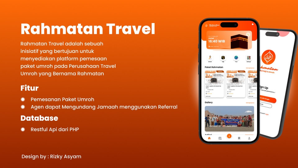 Jasa pembuatan aplikasi android untuk umroh dengan desain modern dan fungsional, lengkap dengan fitur pemesanan paket umroh dan database yang terintegrasi.