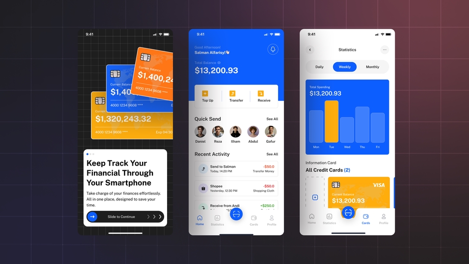 Desain antarmuka aplikasi seluler dengan tema keuangan, menampilkan fitur pelacakan transaksi, analisis pengeluaran, dan manajemen kartu kredit.