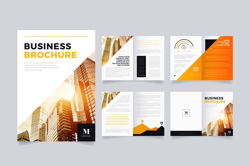 Desain portofolio profesional dengan tema warna kuning dan orange untuk jasa desain cv dan resume.