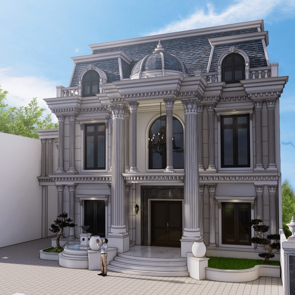 Jasa desain arsitektur rumah mewah dengan gaya klasik, desain eksterior 3d, jasa render 3d, freelance desainer 3d, jasa gambar 3d, desain rumah minimalis modern.