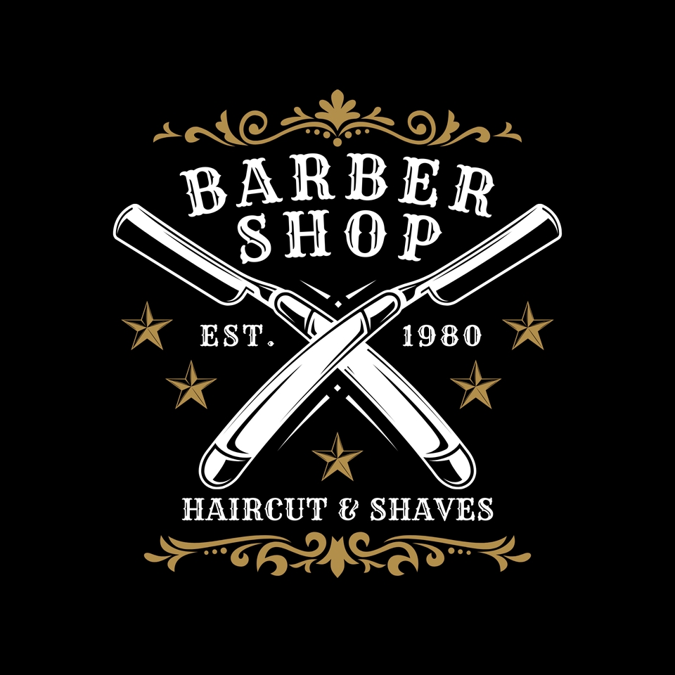 Logo barbershop dengan desain gunting dan tulisan barber shop, cocok untuk bisnis jasa cukur rambut.