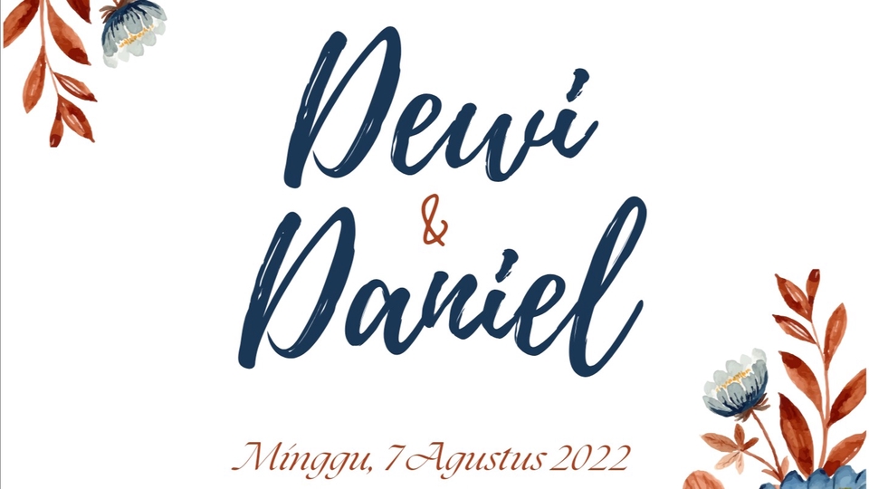 Jasa desain kartu ucapan pernikahan dengan desain elegan dengan warna biru dan coklat dan dilengkapi bunga desain yang unik dan cantik