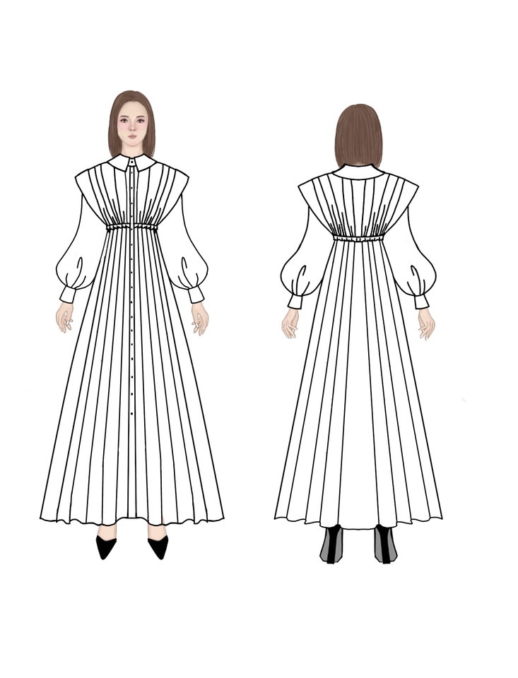 Jasa Ilustrasi Fashion Wanita dengan Desain Baju Berlengan Panjang dan Pakaian Serupa, Berwarna Putih.