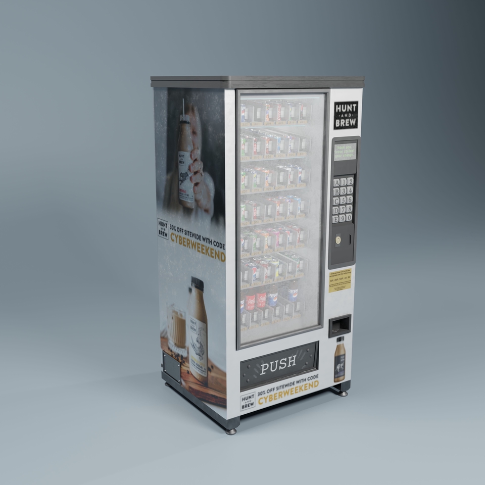 Jasa pembuatan animasi 3d untuk platform freelancing, menampilkan contoh mockup vending machine 3d.