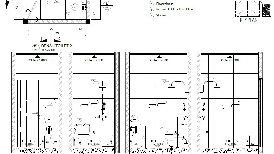 Jasa drafter autocad murah untuk denah toilet 2 dengan detail ukuran dan penempatan fasilitas.