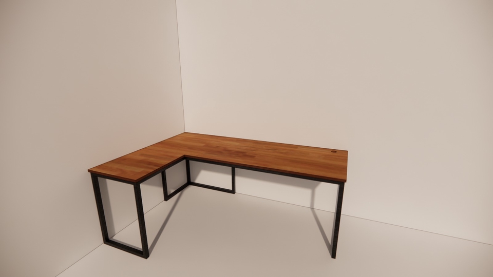 Desain meja kerja minimalis dengan rangka besi dan permukaan kayu jati.