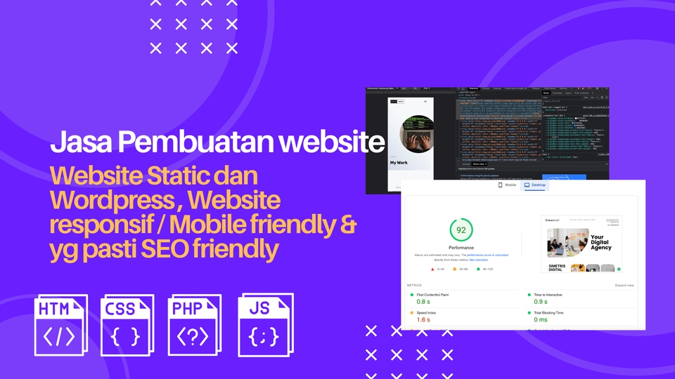 Jasa pembuatan website profesional, website static dan WordPress, website responsif mobile friendly, dan SEO friendly.