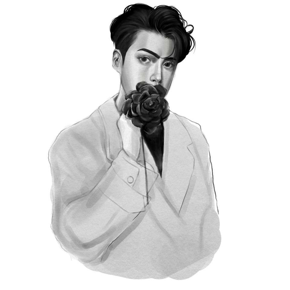 วาดแฟนอาร์ตศิลปินเกาหลี ชายหนุ่มผมดำใส่สูทถือดอกกุหลาบดำ