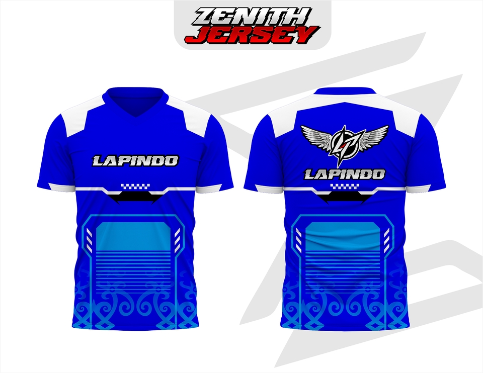 Desain jersey bola dengan logo Lapindo dan motif batik modern