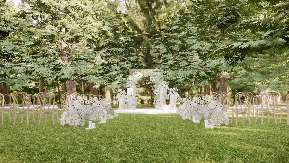 Jasa ilustrasi wedding dengan background taman hijau dan dekorasi bunga putih, desain ilustrasi wedding untuk pernikahan.