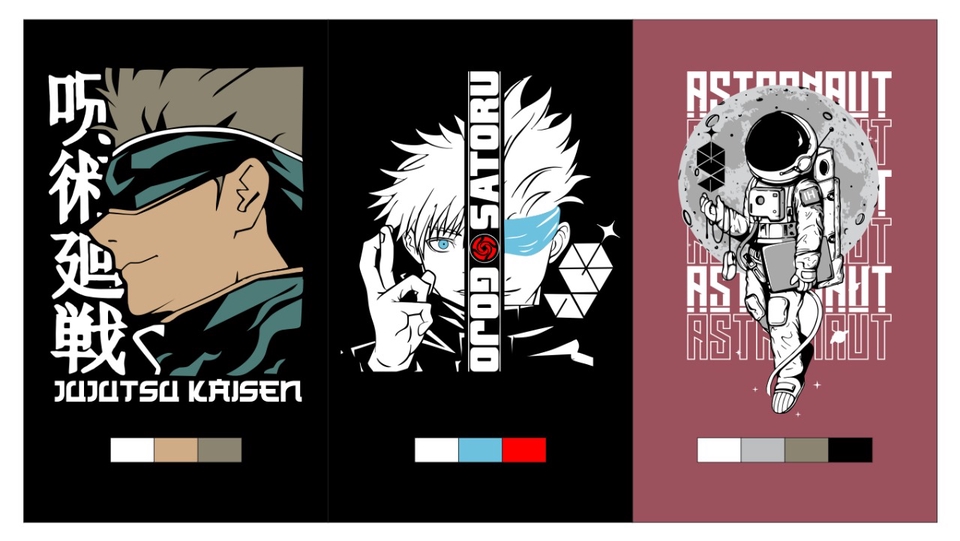 Desain kaos dengan karakter anime dan astronot, desain kaos distro keren, jasa desain kaos custom, desain kaos pria, desain kaos anak, desain motif kaos, desain kaos keren, desain baju.
