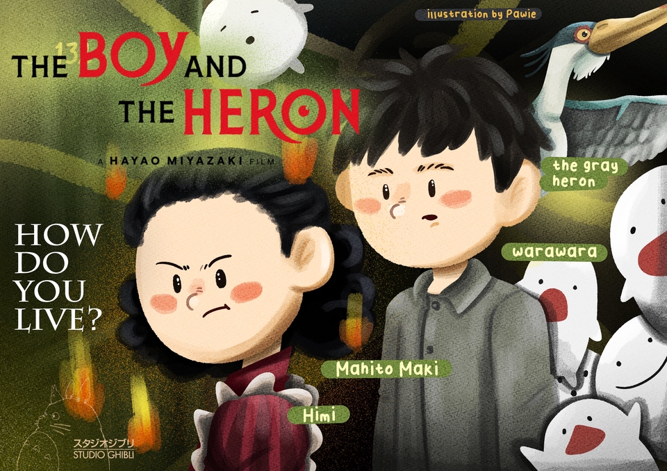 Ilustrasi kartun anak laki-laki dengan burung bangau dan kalimat "The Boy And The Heron" di latar belakang, ilustrasi film Hayao Miyazaki.