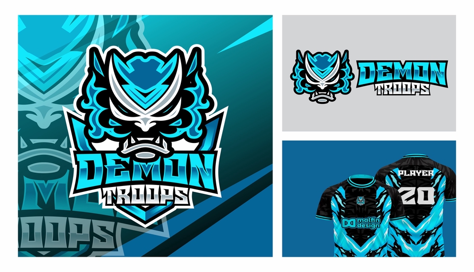 Desain logo esports dengan gambar demon berapi-api dan tulisan "Demon Troops"