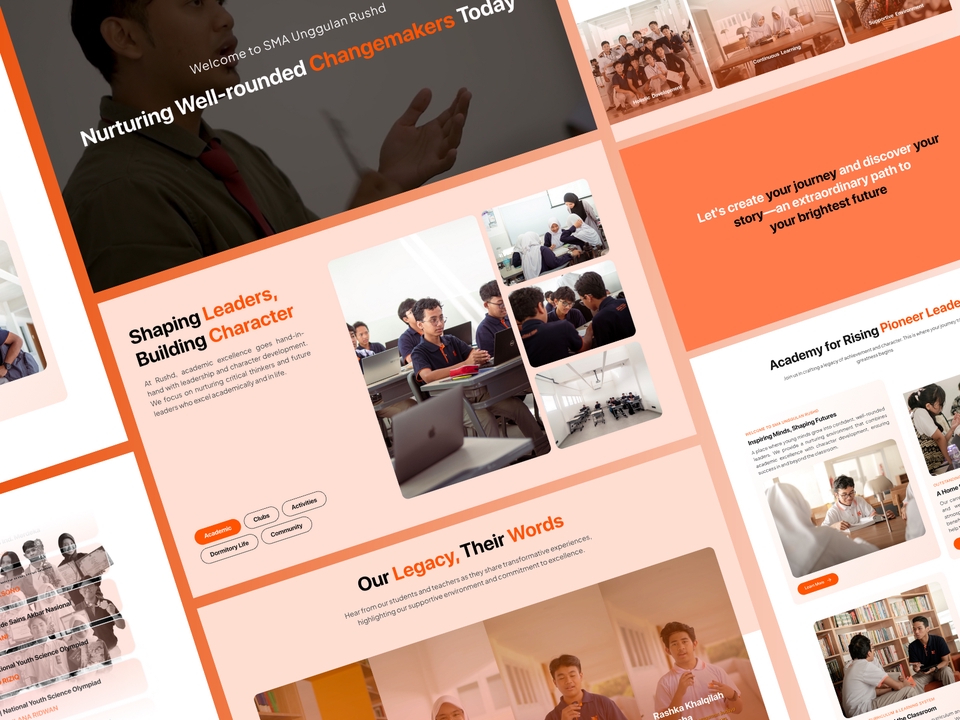 Jasa pembuatan website profesional dan modern untuk SMA Unggulan Rushd.  Desain website company profile, portofolio, dan informasi akademi kepemimpinan.