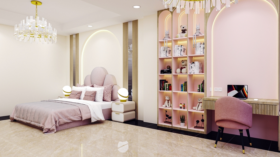 Jasa desain interior 3d kamar tidur minimalis dengan furniture modern dan lampu gantung