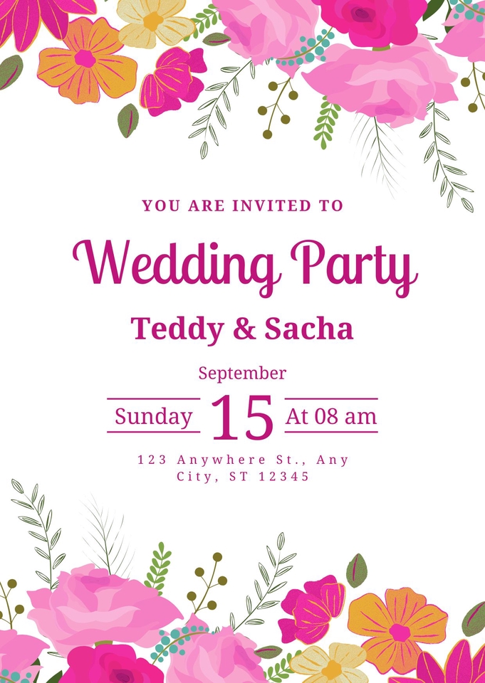 Kartu undangan pernikahan unik dengan desain bunga yang elegan untuk pernikahan Teddy & Sacha.