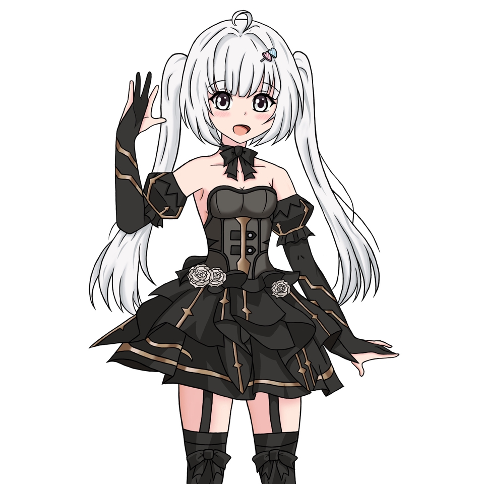 Jasa desain karakter kartun anime perempuan dengan rambut putih dan pakaian hitam