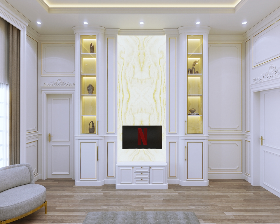 Jasa desain interior rumah minimalis dengan desain ruang tamu dan lemari kaca