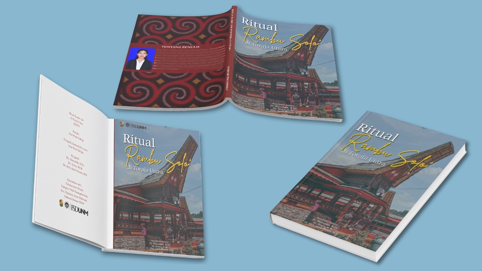 Desain sampul buku unik "Ritual Rambu Solo"  dengan ilustrasi tradisional  Suku Toraja untuk penerbitan  buku dan e-book.