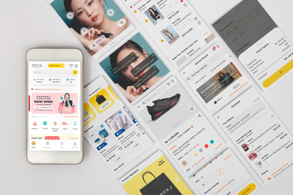 Desain UI UX Mobile App dengan tema belanja online dan fitur-fitur menarik.