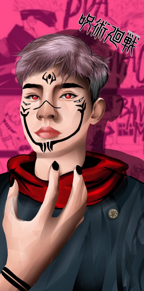 Ilustrasi digital pria dengan gaya anime dan tato wajah