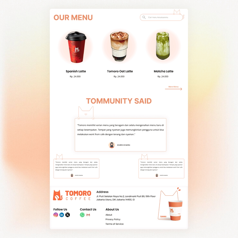 Desain UI UX untuk menu website kafe dengan tampilan minimalis dan modern dengan warna merah sebagai warna utama.