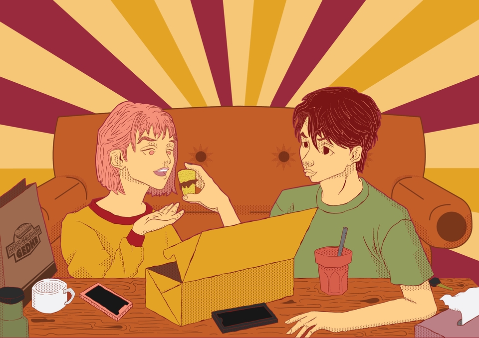 Ilustrasi kartun lucu dua orang pria dan wanita sedang menikmati minuman dan makanan di sebuah cafe.