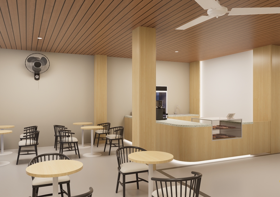 Desain interior minimalis dengan meja kayu dan kursi kayu untuk ruang makan dengan desain modern