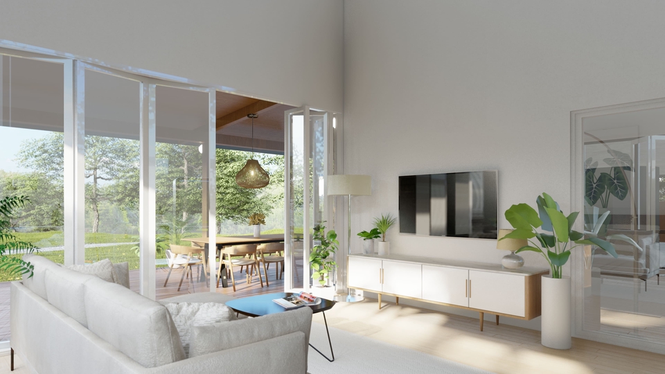 รับออกแบบตกแต่งภายในบ้านพักอาศัย สไตล์โมเดิร์น มีหน้าต่างกระจกบานใหญ่ เปิดรับแสงธรรมชาติ