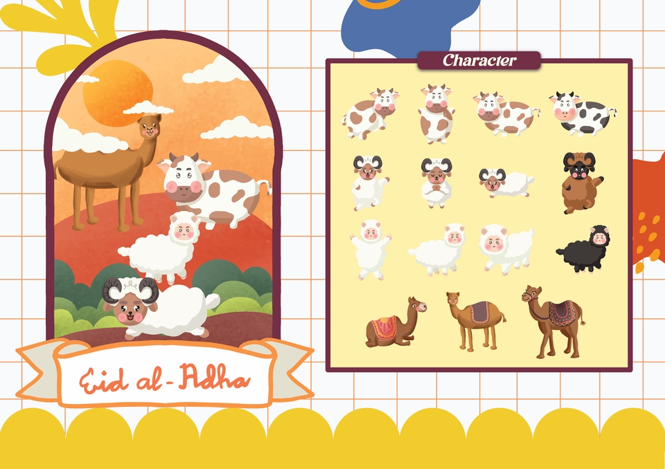 Ilustrasi kartun hewan untuk Idul Adha, cocok untuk desain ucapan, konten media sosial, atau keperluan lainnya.