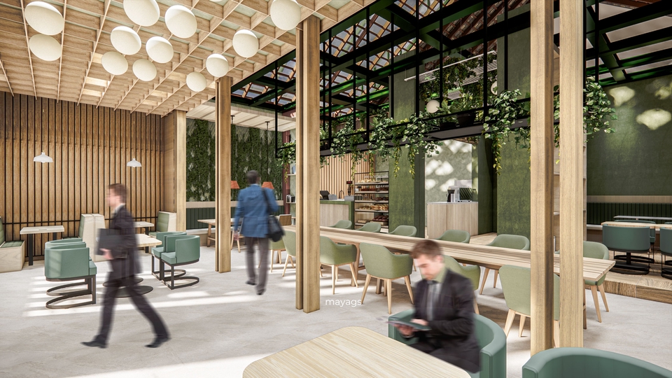 Jasa desain interior cafe minimalis dan modern dengan desain interior yang unik dan menarik, cocok untuk cafe kopi, restoran, dan tempat makan lainnya.