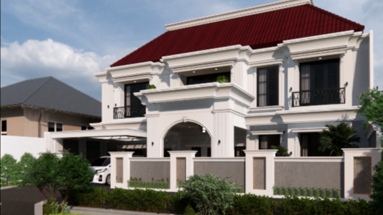 Jasa desain 3D eksterior rumah minimalis modern dengan atap merah dan pagar putih.
