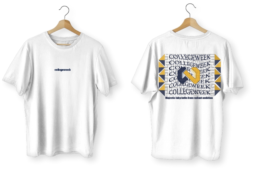 Desain kaos distro dengan tema Collegeweek, tersedia dalam warna putih, dengan desain gambar unik dan teks Collegeweek pada bagian depan.