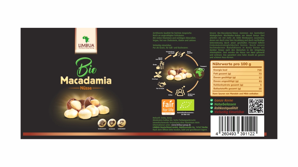 Jasa desain kemasan makanan macadamia organik dengan label desain kemasan unik, desain stiker makanan limbua nusantara berlabel fairtrade.