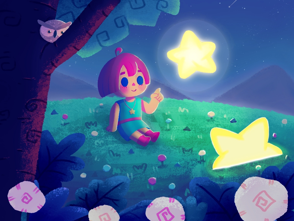 Ilustrasi kartun lucu seorang gadis kecil tersenyum bahagia sambil melihat bintang di malam hari, desain ilustrasi untuk keperluan komersial.