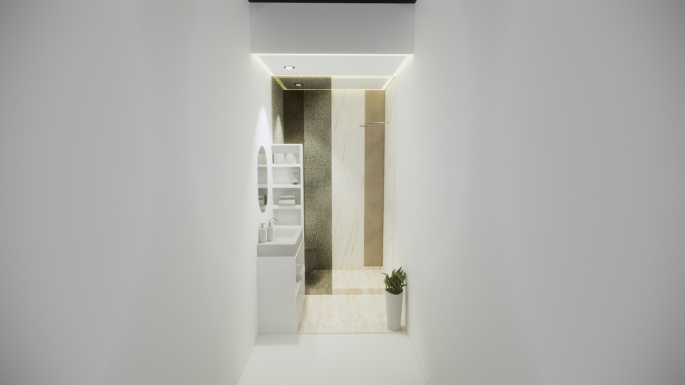 Jasa desain interior kamar mandi minimalis dengan shower dan wastafel