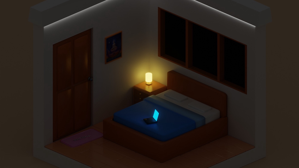 รับทำโมเดล3Dห้องนอนสวยโมเดิร์น พร้อมไฟและแล็ปท็อป 3D packshot บริการสร้างแบบจำลอง3มิติ