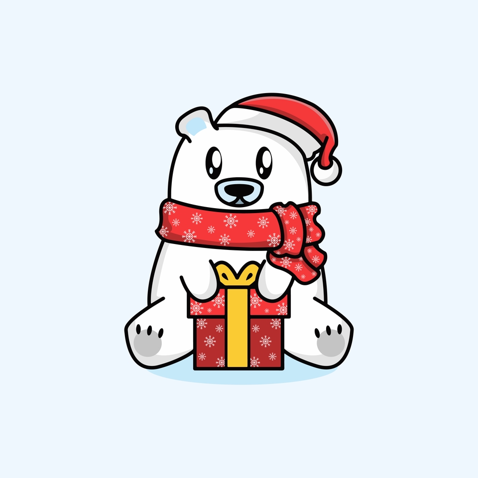 Desain karakter kartun beruang kutub lucu memakai topi santa dan memegang hadiah untuk natal.