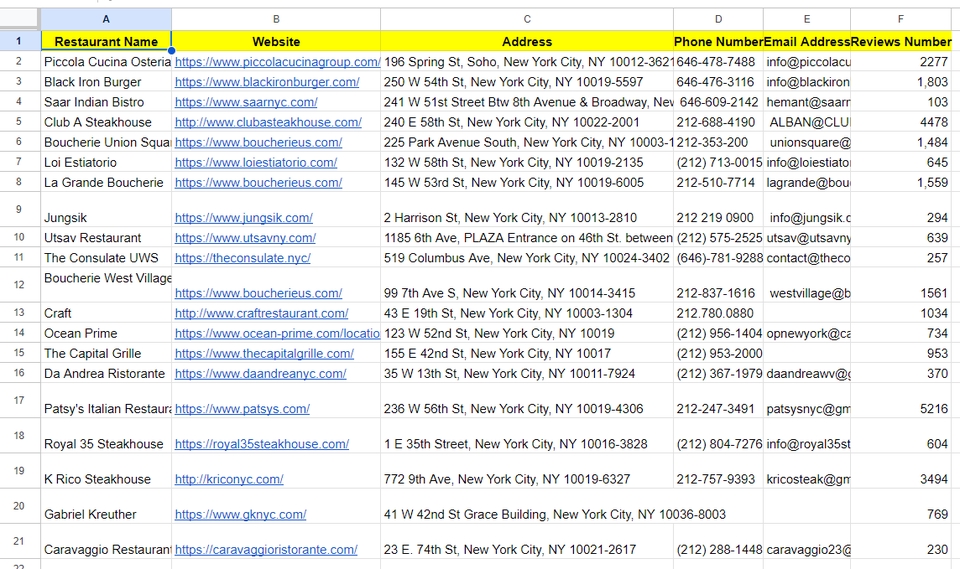Jasa input data excel, spreadsheet restoran di New York.