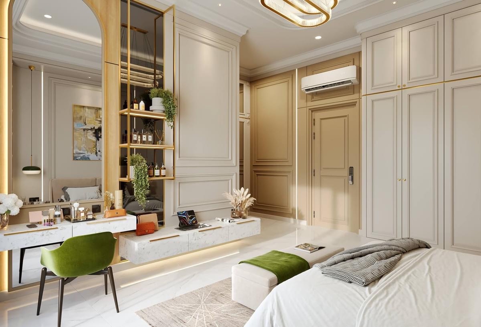 Desain lemari pakaian minimalis modern dengan rak dinding dan meja rias di kamar tidur.