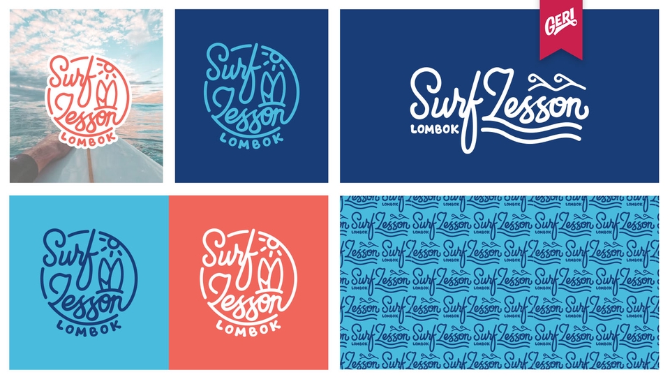 Ilustrasi logo berwarna biru dan putih dengan teks "Surf Lesson Lombok" untuk jasa desain logo usaha surfing di Lombok.