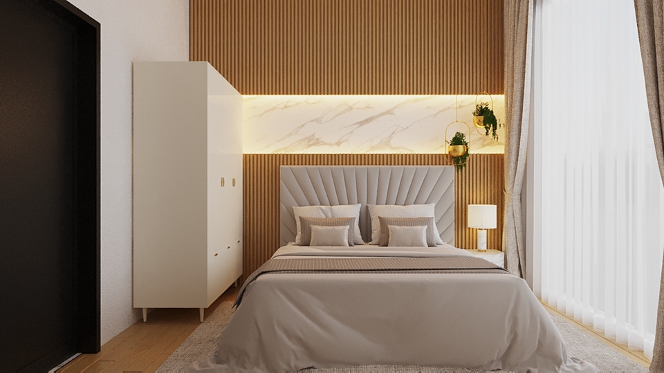 Jasa drafter autocad interior murah pembuatan desain kamar tidur dengan desain modern minimalis dan wardrobe putih.