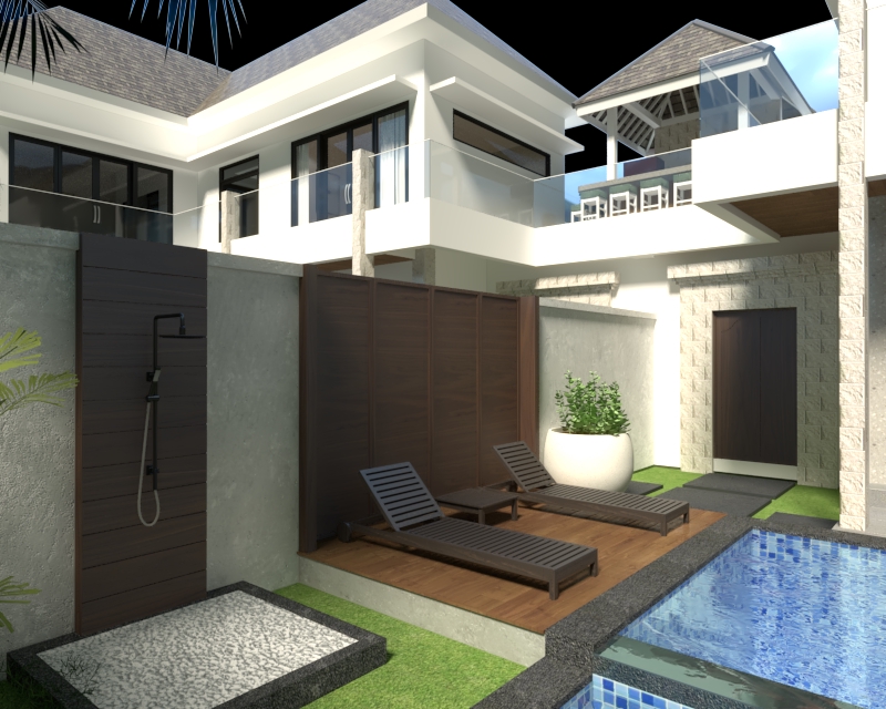 Jasa pembuatan animasi 3d untuk desain interior rumah modern minimalis dengan kolam renang dan taman.