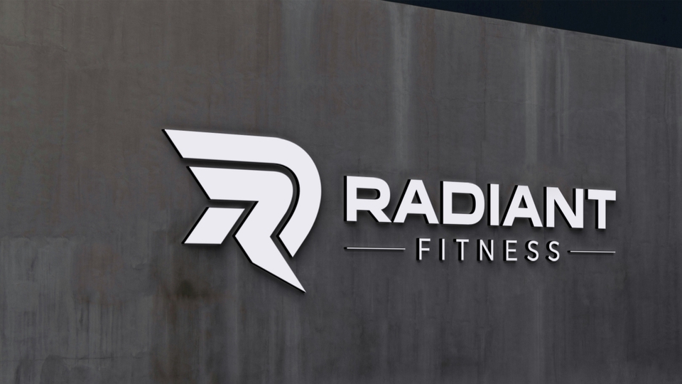 Desain logo Radiant Fitness dengan logo huruf R yang modern dan futuristik.