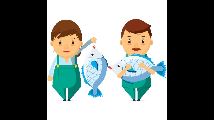 รับวาดรูปภาพประกอบการ์ตูนชายหญิงถือปลา