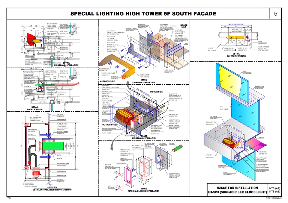 Jasa drafter autocad desain pencahayaan tower 5 lantai facade selatan dengan detail instalasi dan spesifikasi.