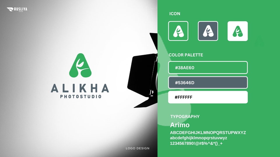 Desain logo profesional untuk studio foto AliKha dengan warna hijau dan putih.