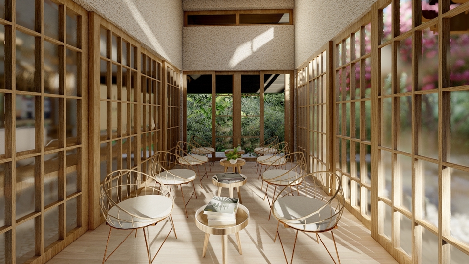 Jasa desain interior dan arsitektur untuk cafe minimalis dengan desain modern dan unik.