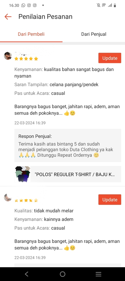 Jasa review produk dengan rating 5 bintang, ulasan positif tentang kualitas bahan, jahitan rapi, dan kenyamanan, serta rekomendasi untuk membeli produk.